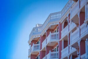 A snapshot view of the cookie-cutter exterior of the Boardwalk Plaza Hotel.